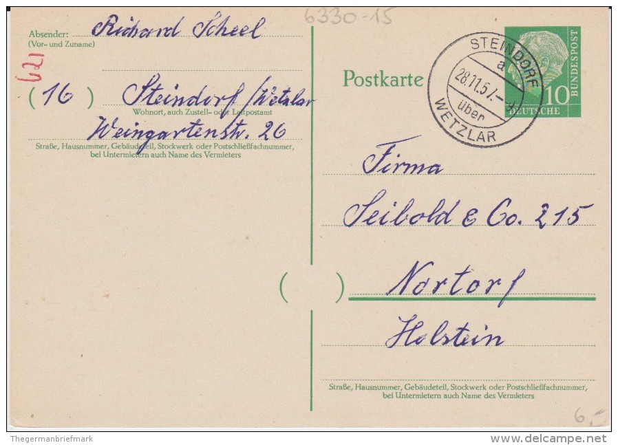 Bund Heuss P 31 PSt I Stempel Steindorf ü Wetzlar 1957 - Cartes Postales - Oblitérées