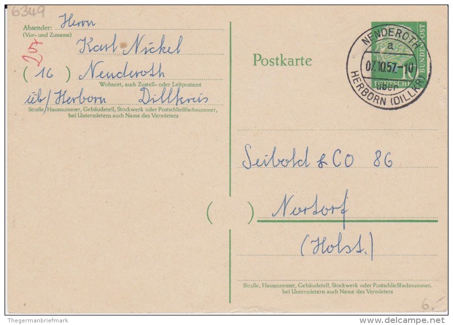 Bund Heuss P 31 PSt I Stempel Nenderoth ü Herborn 1957 - Postkaarten - Gebruikt