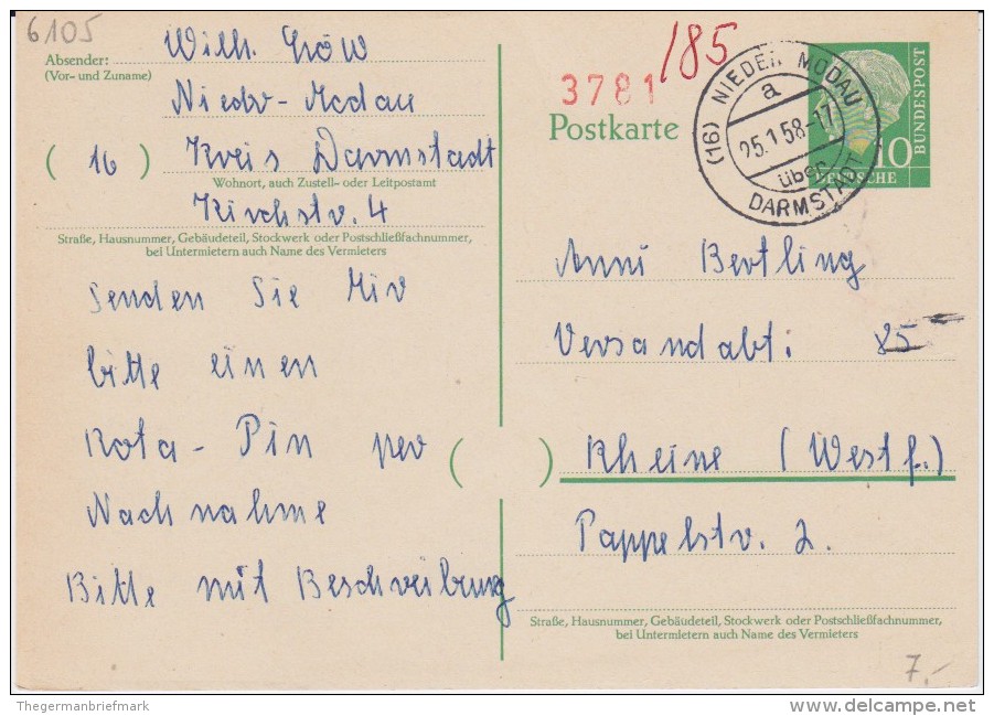 Bund Heuss P 31 PSt I Stempel Nieder Modau ü Darmstadt 1958 - Cartes Postales - Oblitérées