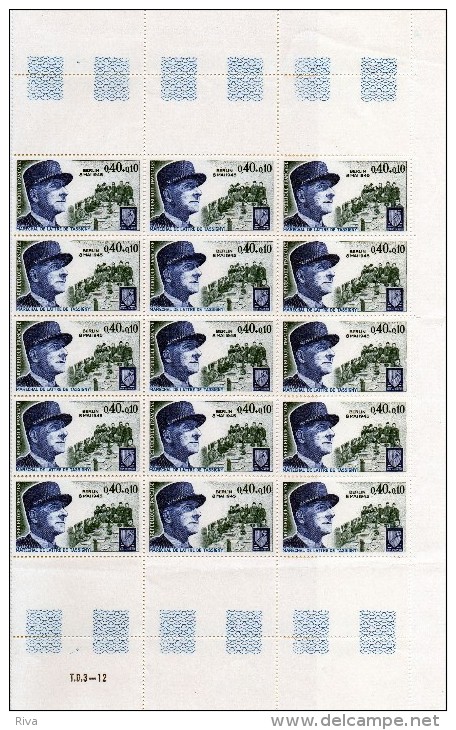 Feuille De 25 Valeurs Du N°1039 De 1970 *** ( Maréchal De Lattre De Tassigny ) - Full Sheets