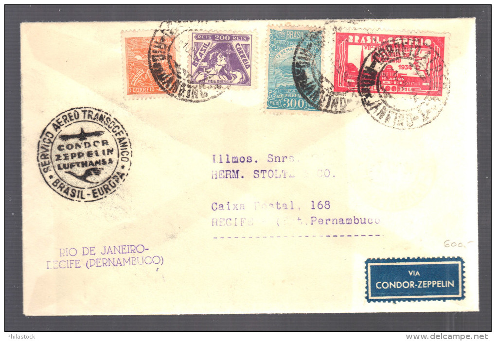 BRESIL 1934 Lettre  Rio De Janeiro Pour Recife Pernambuco Via Condor Zeppelin - Poste Aérienne (Compagnies Privées)