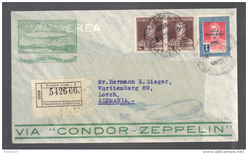 ARGENTINE 1932 Lettre Recommandée Buenos Aires Pour Friedrichshafer Allemagne Via Condor Zeppelin - Poste Aérienne