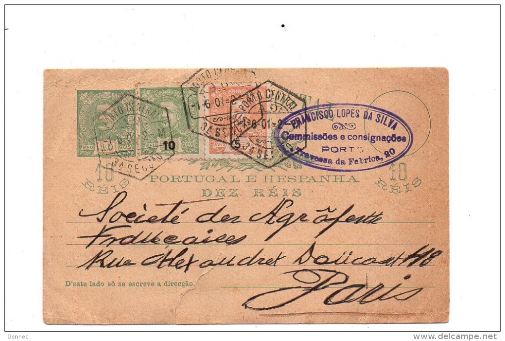 CARLOS GOMES , Lisboa, Porto, , Carte Taxe ( 2 Timbres L'un Sur L'autre ), 1899 ( Ou 1898 ? ), +  Entier Postal 10 Reis - Autres & Non Classés