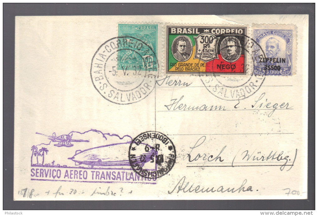 BRESIL 1932 CPde Bahia Pour Lorch Allemagne Via  Zeppelin - Poste Aérienne (Compagnies Privées)