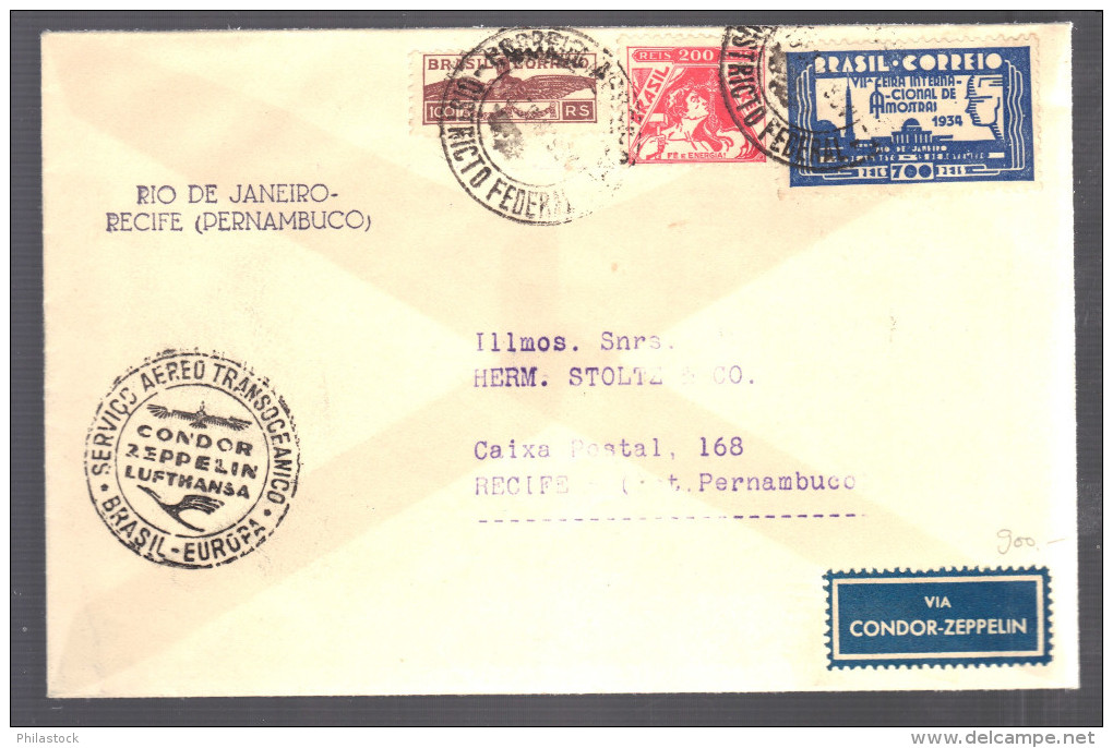 BRESIL 1934 Lettre Recife Pernambuco  Via Condor Zeppelin - Poste Aérienne (Compagnies Privées)