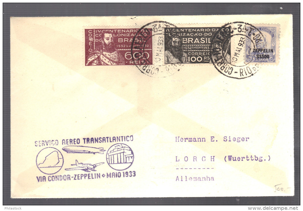 BRESIL 1933 Lettre De Rio De Janeiro Pour Lorch Allemagne Via Condor Zeppelin - Aéreo (empresas Privadas)