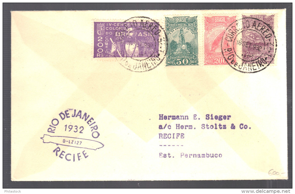 BRESIL 1932 Lettre De Rio De Janeiro Pour Recife Via Zeppelin LZ 127 - Poste Aérienne (Compagnies Privées)