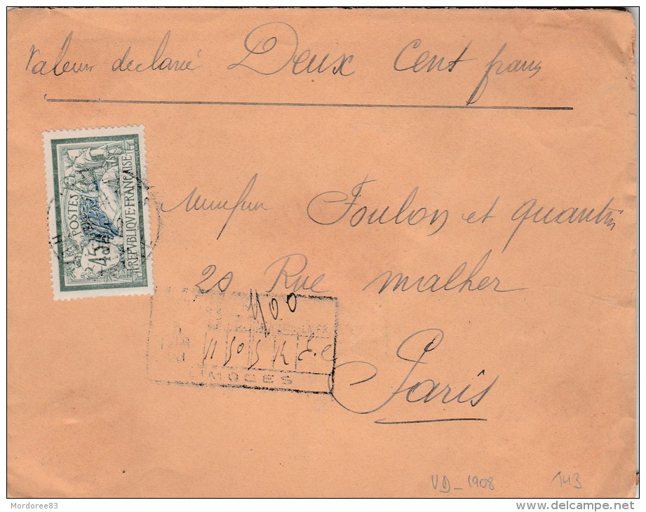 MERSON 45C YT 143 SUR LETTRE REC VD LIMOGES 1908 POUR PARIS - 1877-1920: Semi Modern Period