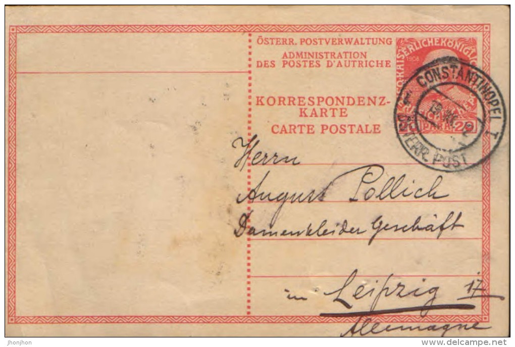 Austria/ Eastern ,Levant -Stationery Postcard Circulated In 1912 From Constantinopole To Leipzig, 20 Para Red - 2/scans - Oriente Austriaco