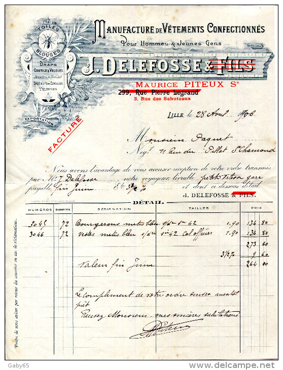 59.NORD.LILLE.MANUFACTURE DE VETEMENTS CONFECTIONNES.J.DELFOSSE 3 RUE DES SAHUTEAUX. - Textile & Vestimentaire