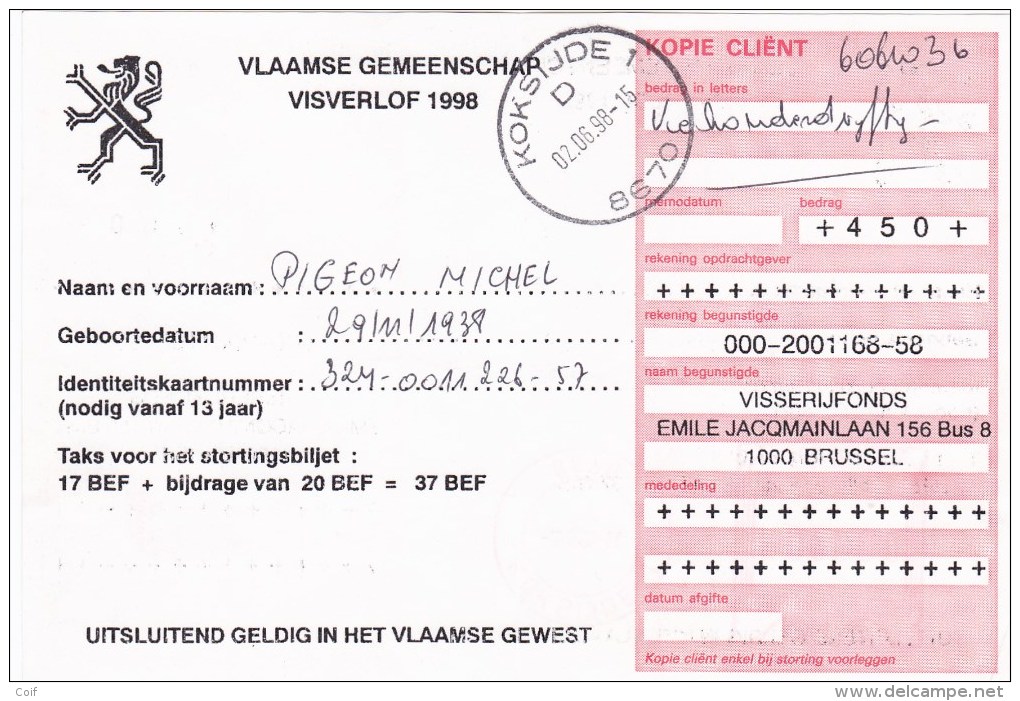 Roodfrankeering Op VISVERLOF / PERMIS DE PECHES / VLAAMSE GEMEENSCHAP 1998 Met Stempel KOKSIJDE - 1980-1999