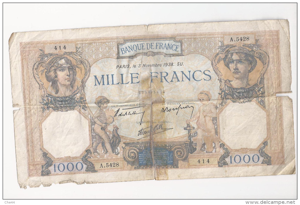 Billet De 1000 Francs...Cérès Mercure (3 Novembre 1938). (Voir Commentaires) - 1 000 F 1927-1940 ''Cérès Et Mercure''