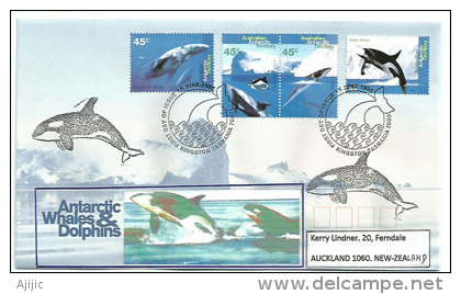 ANTARCTIQUE AUSTRALIEN.Baleines & Dauphins En Antarctique.,belle Lettre FDC Adressée En Nouvelle-Zélande,  Yv.102/05 - Ballenas