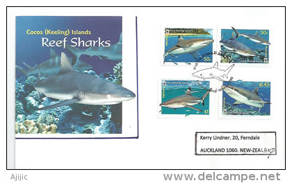 ILES COCOS KEELING (Océan Indien) Reef Sharks. Belle Lettre FDC Adressée En Nouvelle-Zélande. WWF. Année 2005. Yv-401/04 - Briefe U. Dokumente