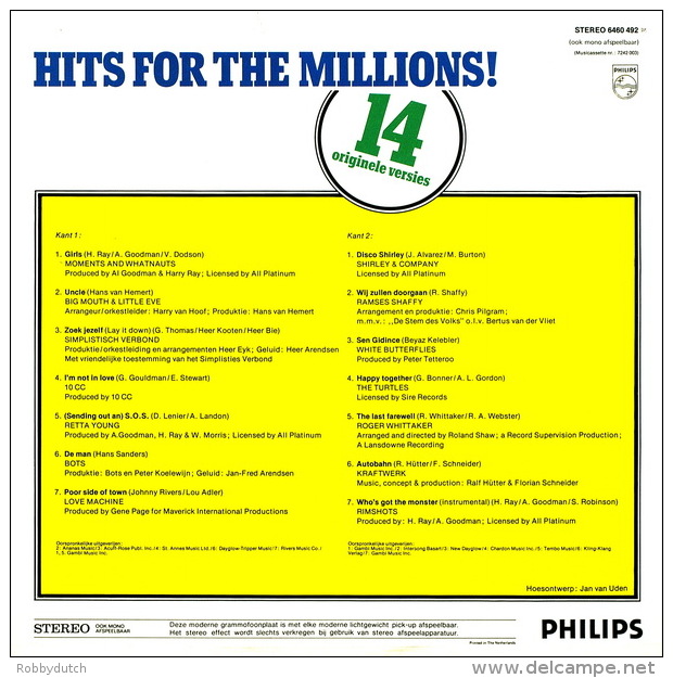 * LP *  HITS FOR THE MILLIONS  - TURTLES / KRAFTWERK / RIMSHOTS / 10CC A.o. (Holland 1974 EX-!!!) - Compilaties