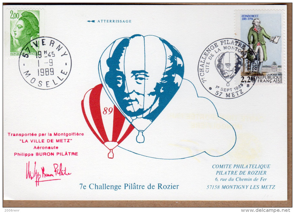 FRANCE 7ème CHALLENGE PILÂTRE DE ROZIER.. COURRIER MONTGOLFIERE ATTESTE PAR HUISSIER OBL. ILLUSTREE 1ER SEPT.1989. VOIR - Autres & Non Classés