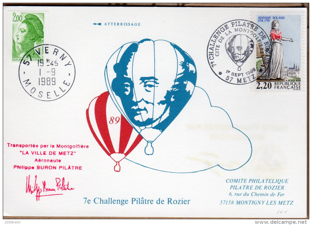 FRANCE 7ème CHALLENGE PILÂTRE DE ROZIER. COURRIER MONTGOLFIERE ATTESTE PAR HUISSIER OBL. ILLUSTREE 1ER SEPT.1989. VOIR - Autres & Non Classés