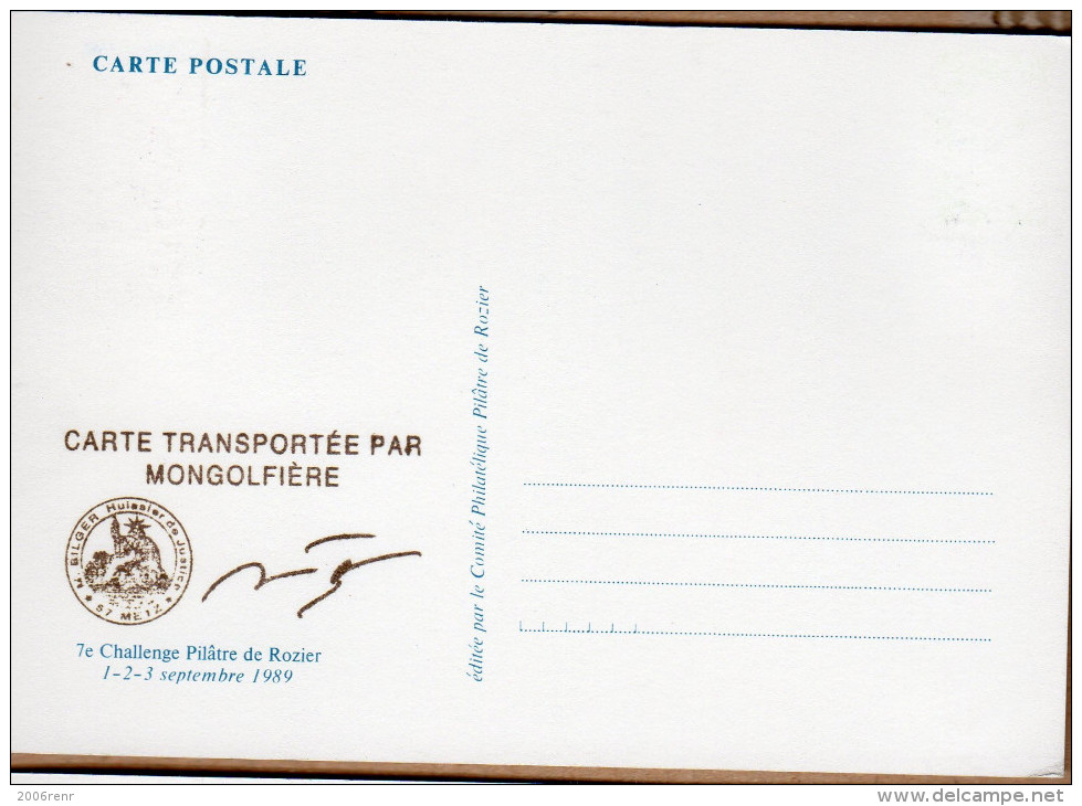 FRANCE 7ème CHALLENGE PILÂTRE DE ROZIER. COURRIER MONTGOLFIERE ATTESTE PAR HUISSIER OBL. ILLUSTREE 1ER SEPT.1989. VOIR - Autres & Non Classés