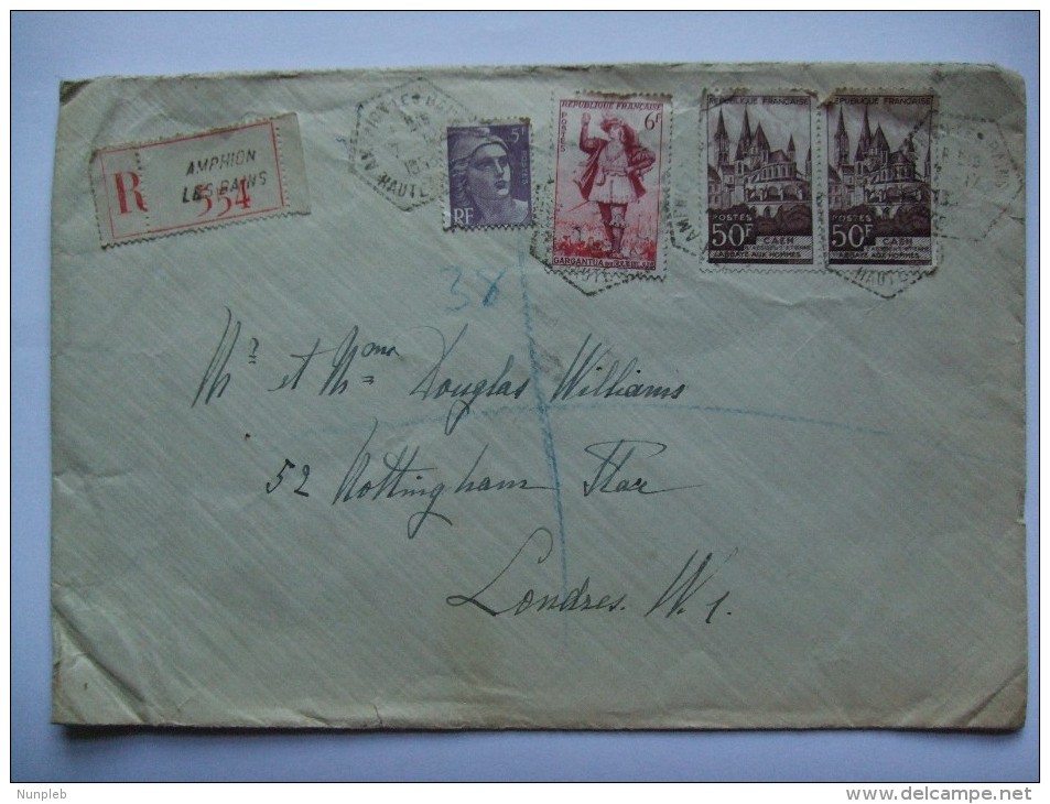 FRANCE 1953 REGISTERED COVER FROM AMPHION LES BAINS TO LONDON ENGLAND - Covers & Documents