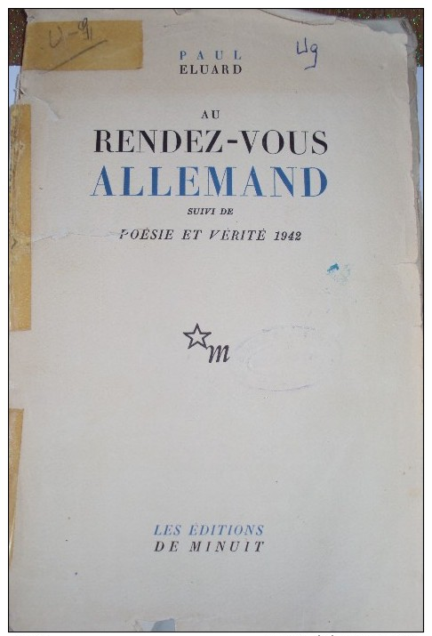 Au Rendez-vous Allemand: Suivi De Poésie Et Vérité 1942 Par Paul ELUARD,1945 Célèbre Recueil De Poésie De Résistance - Auteurs Français