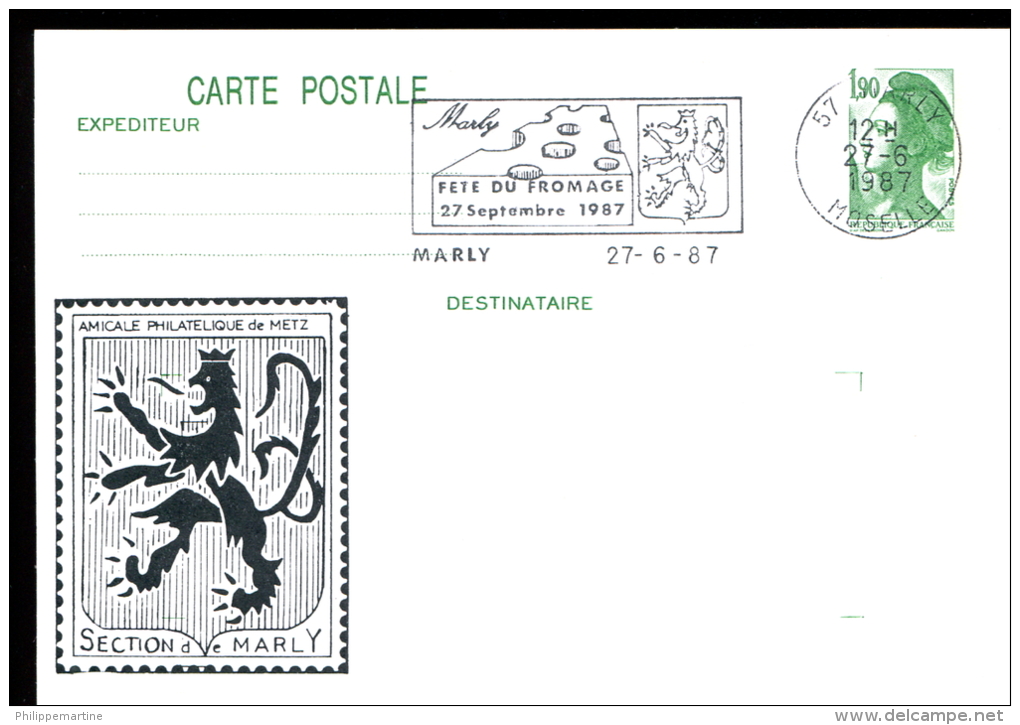 Carte 2424-CP1 : Amicale Philatélique De Metz - Section De Marly - Flamme Marly Fête Du Froame 27 Septembre 1987 - Overprinter Postcards (before 1995)