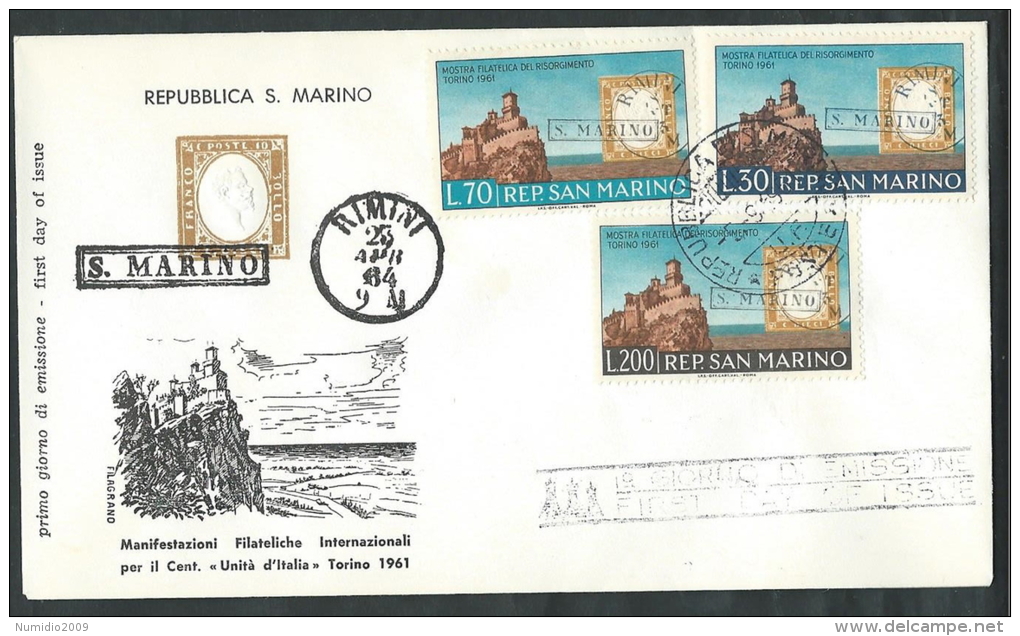 1961 SAN MARINO FDC FILAGRANO RISORGIMENTO NO TIMBRO ARRIVO - RSD01-6 - FDC