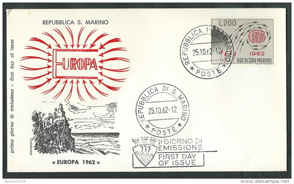 1962 SAN MARINO FDC FILAGRANO EUROPA NO TIMBRO ARRIVO - RSD01 - FDC