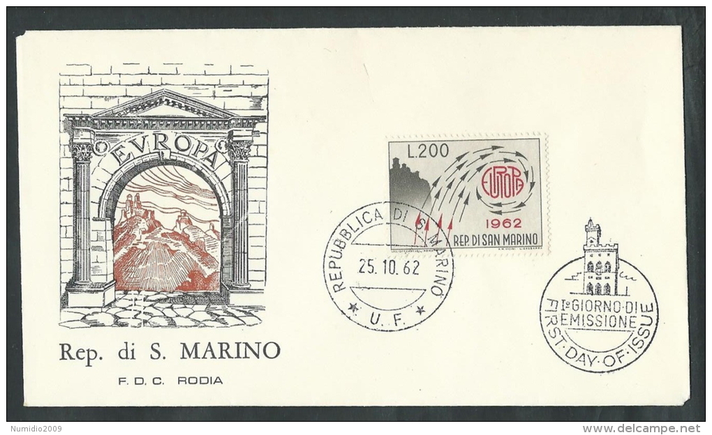 1962 SAN MARINO FDC RODIA EUROPA NO TIMBRO ARRIVO - RSD01 - FDC