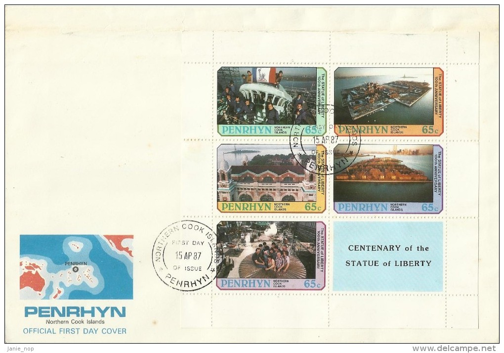 Penrhyn 1987 Centenary Of Statue Of Liberty Sheetlet  FDC - Penrhyn