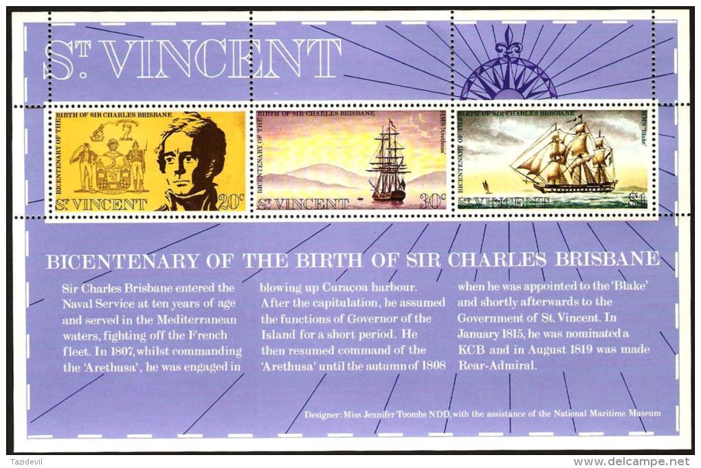 SAINT VINCENT - 1972 Sir Charles Brisbane, Naval Hero, Souvenir Sheet. Sailing Ships. Scott 343a. MNH ** - St.Vincent (...-1979)