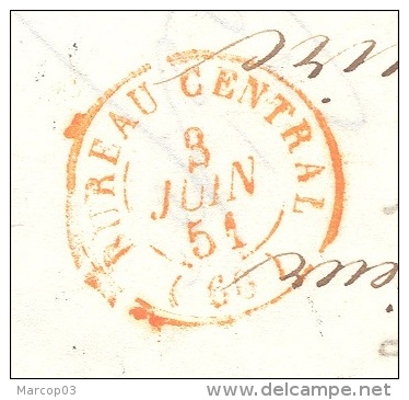 PARIS Tad BUREAU CENTRAL Rouge Du 3 Juin 1851  Et 25 C CERES N° 4 Obl Grille Noire TTB Ind 15 - 1849-1850 Cérès