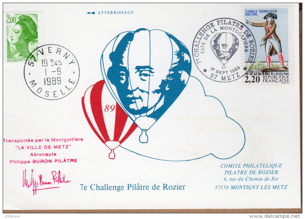 FRANCE 7ème CHALLENGE PILÂTRE DE ROZIER. COURRIER MONTGOLFIERE ATTESTE PAR HUISSIER OBL. ILLUSTREE 1ER SEPT.1989. VOIR - Autres & Non Classés