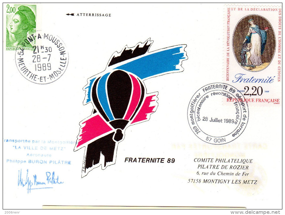 FRANCE FRATERNITE 89 COURRIER MONTGOLFIERE ATTESTE PAR HUISSIER OBL. ILLUSTREE 28 JUILLET 1989. VOIR VERSO - Altri & Non Classificati