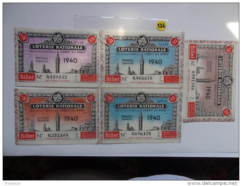 5 BILLETS DE LOTERIE 1940. - Lotterielose