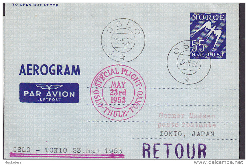 Norway Airmail Aerogramme SAS OSLO-THULE-TOKIO Special Flight Cover 1953 RETOUR !! - Briefe U. Dokumente