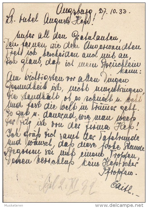 Deutsches Reich Postal Stationery Ganzsache Entier Nothilfe AUGSBURG 1932 To SPEYER Hindenburg Cachet (2 Scans) - Tarjetas