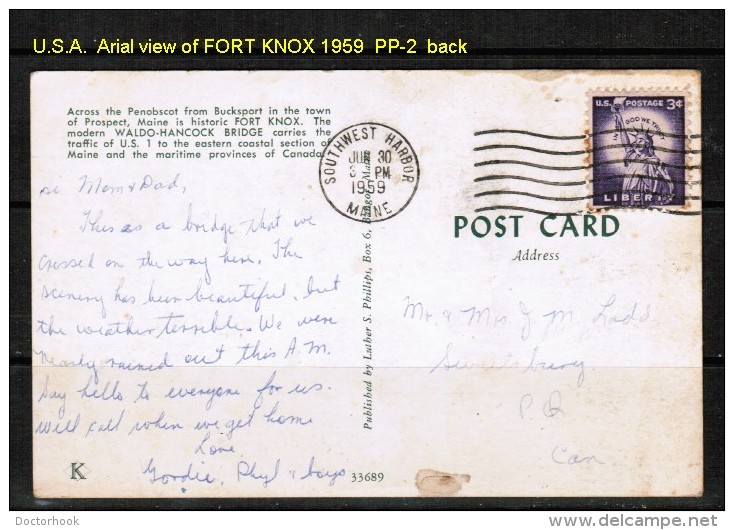 USED POSTCARD---AERIAL VIEW Of FORT KNOX + WALDO HANC0CK BRIDGE (June 30 1959) - Other & Unclassified