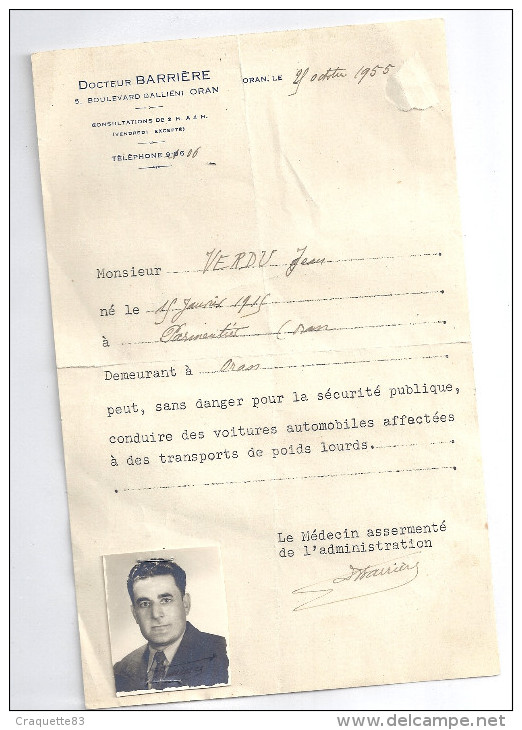 ORAN   Attestation Medecin AUTORISANT LA CONDUITE DE TRANSPORT PUBLIC 1955 - Non Classés