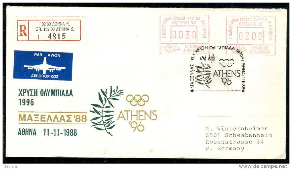 GREECE Registered Cover With Machine Stamps And Cancel To Organize The 1996 Olmpic Games In Athens - Summer 1996: Atlanta