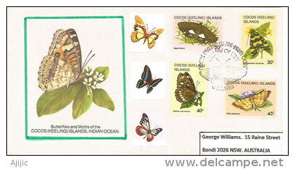 ILES COCOS (Océan Indien) ,Papillons (3 Ième Série) Yv.97/100. Belle Enveloppe FDC Adressée En Australie. - Farfalle