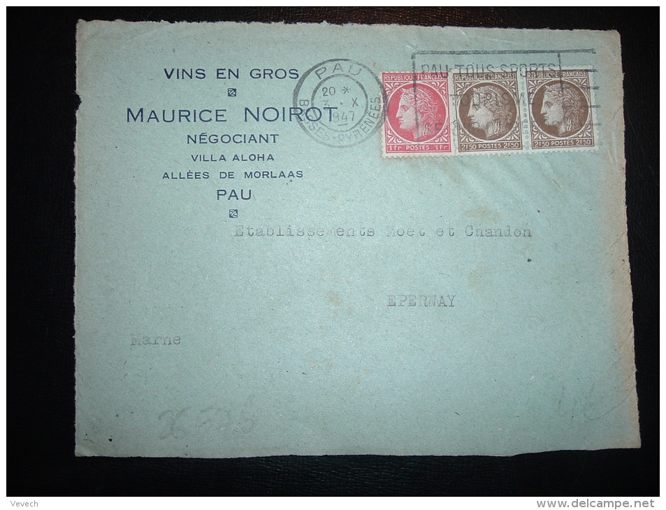 DEVANT DE LETTRE TP CERES DE MAZELIN 2F50 X2 + 1F OBL.MEC. 3 X 1947 PAU (64) + VINS EN GROS MAURICE NOIROT - 1945-47 Ceres Of Mazelin