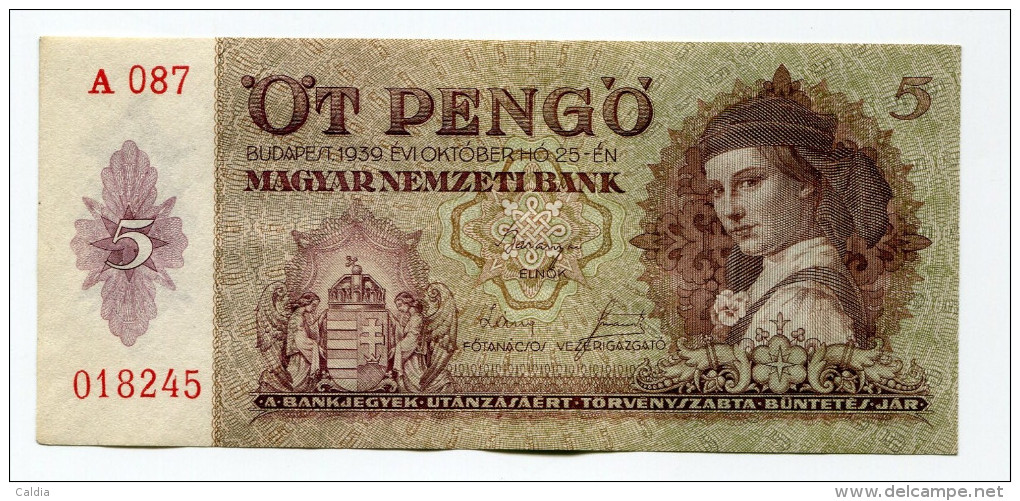 Hongrie Hungary Ungarn 5 Pengo 1939 UNC # 5 - Hungría