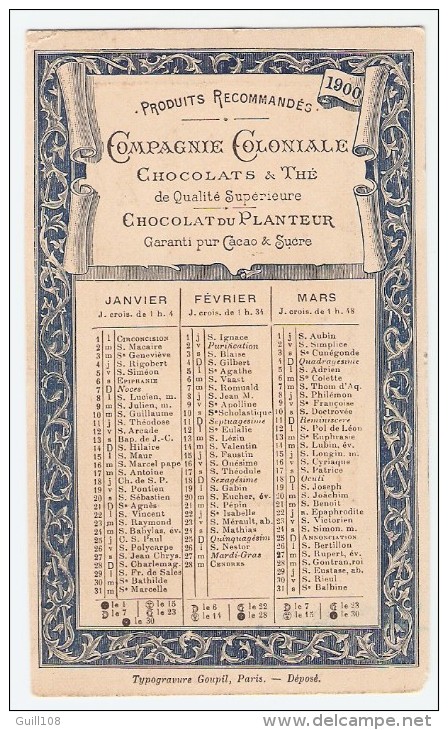 Chromo Calendrier 1900 Imp. Goupil Compagnie Coloniale Chocolat Nantes Nuit Port Voilier Peintre Antoine Calbet A6-75 - Sonstige & Ohne Zuordnung