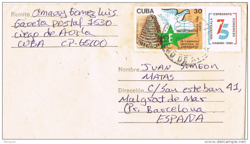 R 569. Carta Aerea CIEGO De AVILA  (Cuba) 1990. Viñeta Esperanto - Lettres & Documents