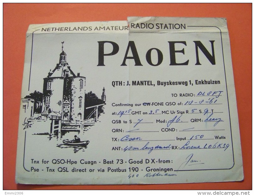 Netherlands    QSL   Karte   PA0EN     Radio   18.8.61    ( 14 )  Obere Seite Defekt - Radio