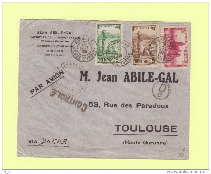 Abidjan - Cote D'Ivoire - 13 Oct 1939 - Par Avion Destination Toulouse - Controle Postal Commission D - Lettres & Documents