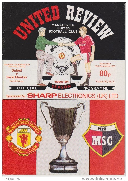 Official Football Programme MANCHESTER UNITED - PECSI MUNKAS European Cup Winners Cup 1990 1st Round - Bekleidung, Souvenirs Und Sonstige