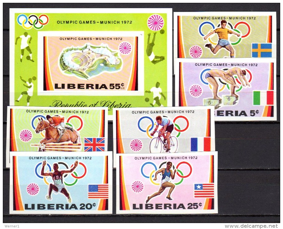 Liberia 1972 Michel 826-831B, Block 60B Olympic Games Munich, Football Soccer, Cycling Etc. Set Of 6 + S/s Imperf. MNH - Sommer 1972: München