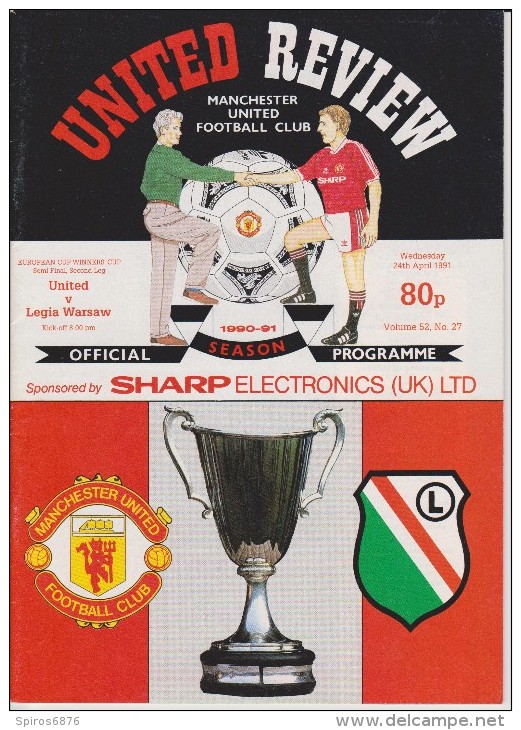 Official Football Programme MANCHESTER UNITED - LEGIA WARSAW European Cup Winners Cup 1991 SEMI FINAL - Uniformes Recordatorios & Misc