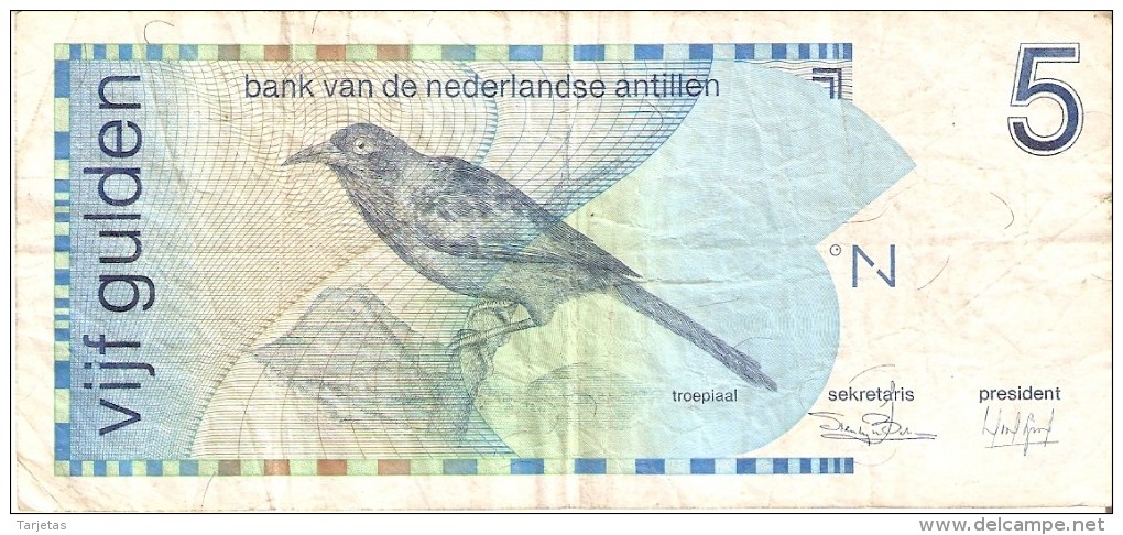 BILLETE DE NEDERLANDSE ANTILLEN DE 5 GULDEN  DEL AÑO 1986  (BANKNOTE) BIRD-PAJARO - Antillas Neerlandesas (...-1986)